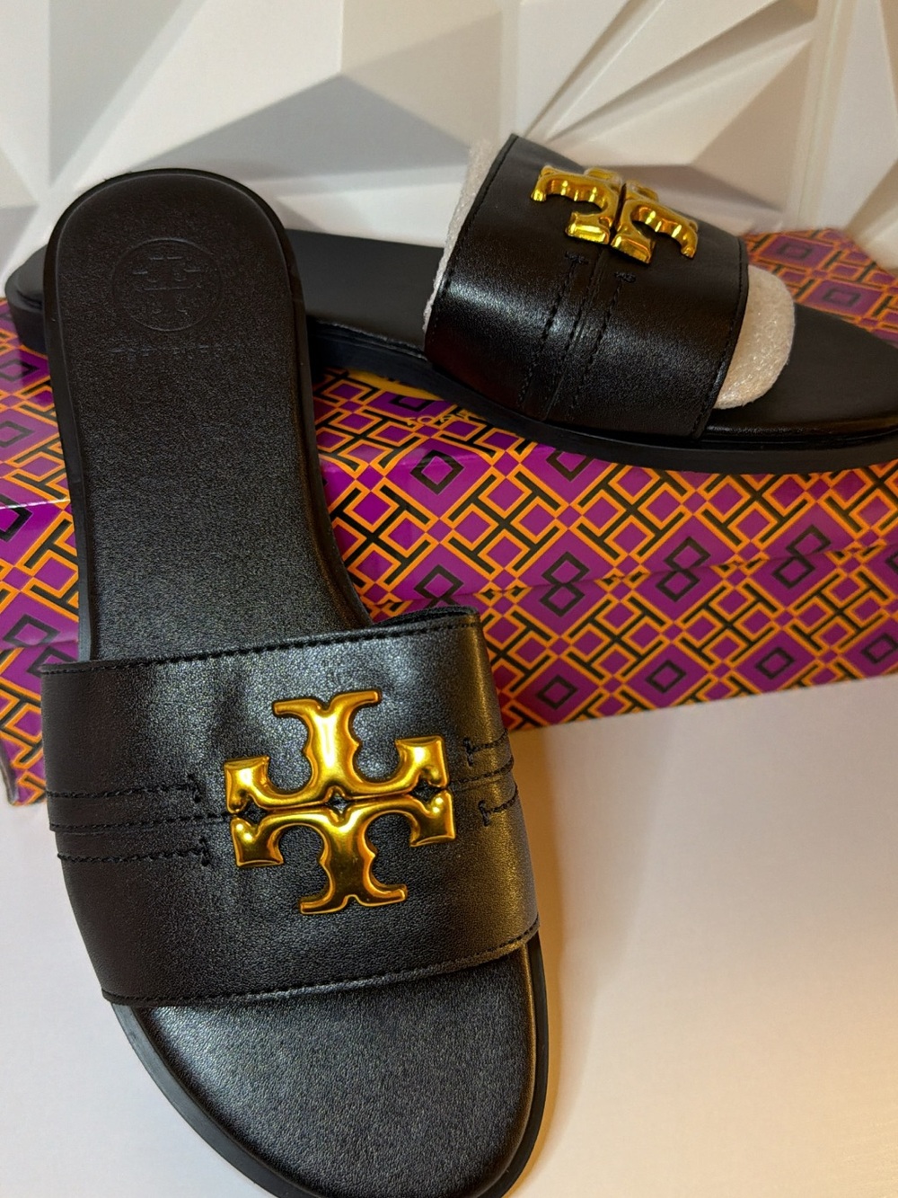 Tory Burch Black Leather Slide Sandals with Gold Logo